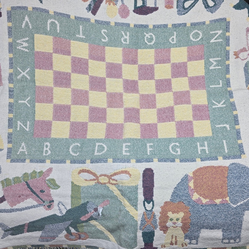 Vintage Nursery Alphabet Woven Tapestry Throw Pastel Toys Fringe 44x68